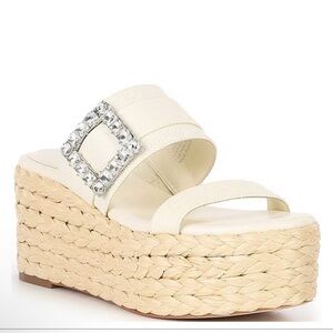 Chic Cream Wedge Sandals with Rhinestone Buckle